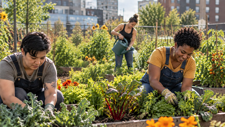 three people working a community garden plot